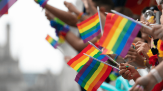 handen zwaaien met regenboogvlaggetjes