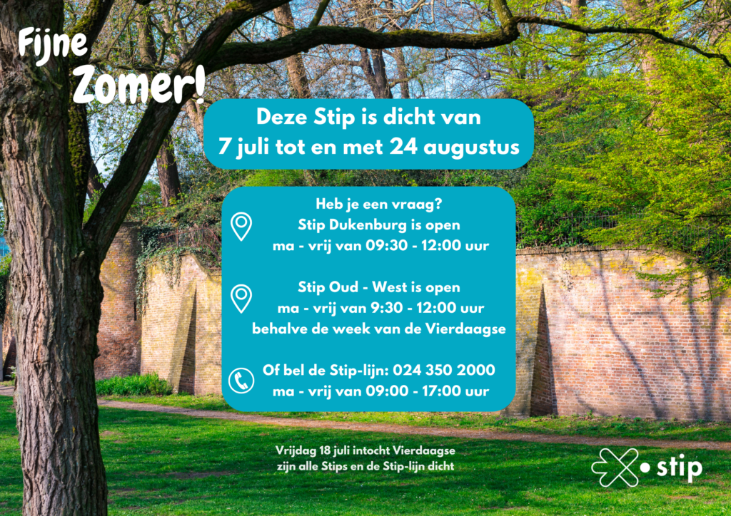 Een plaatje met de openingstijden van de Stips in de zomer.