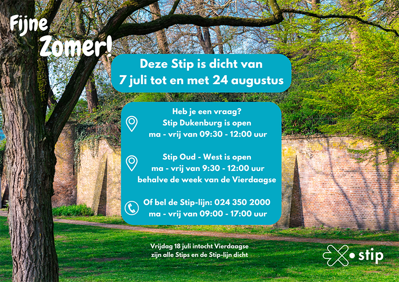 Een plaatje met de openingstijden van de Stips in de zomer.