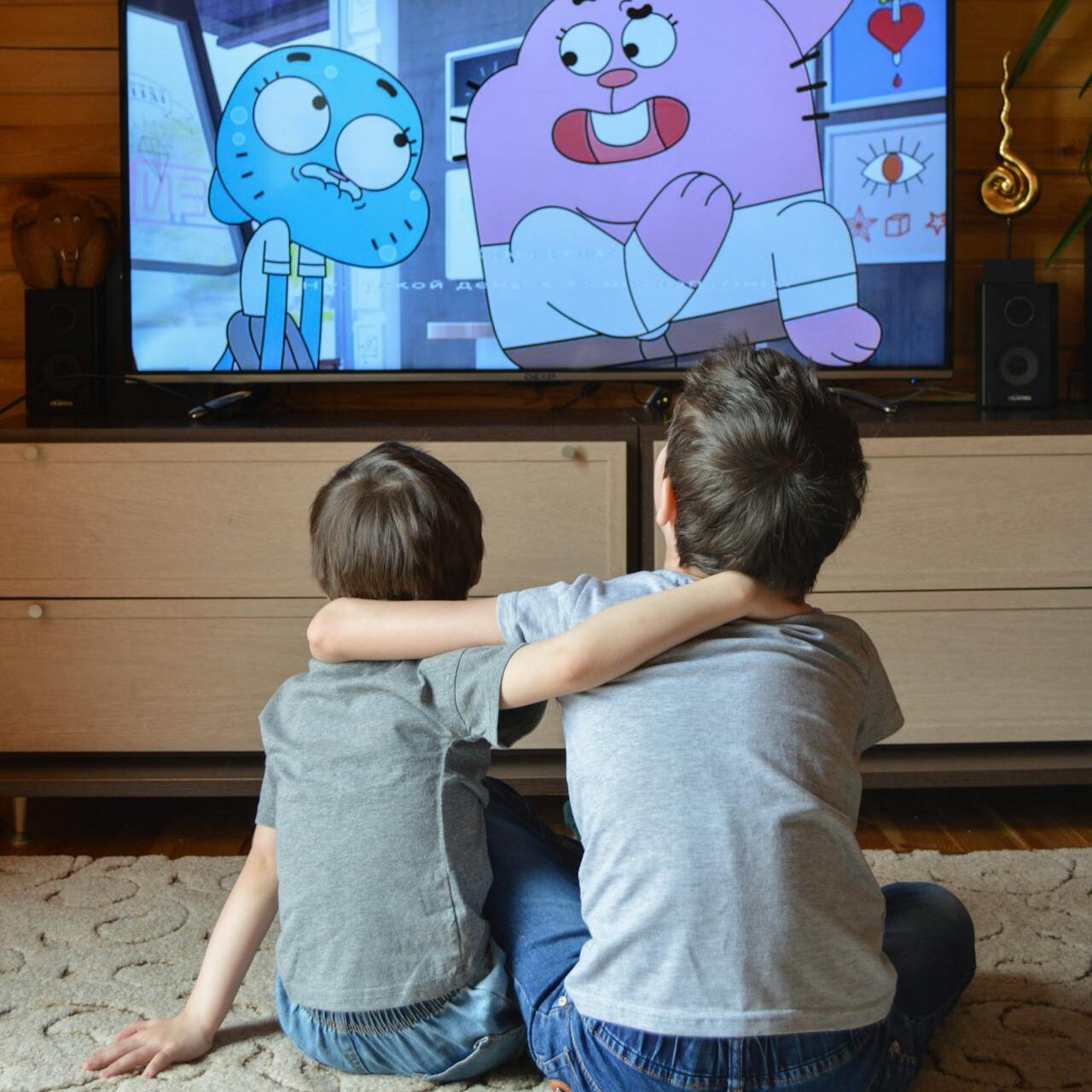 twee kinderen voor de tv