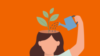 illustratie van iemand die met een gieter een plant die uit haar hoofd groeit water geeft