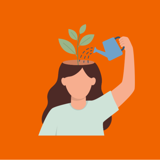 illustratie van iemand die met een gieter een plant die uit haar hoofd groeit water geeft