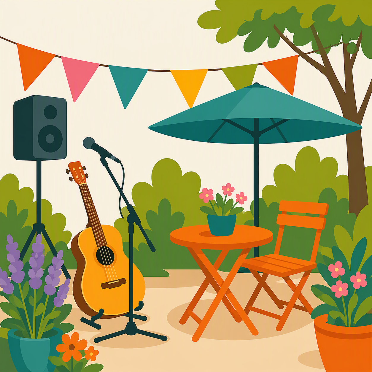 een AI gegenereerd plaatje van een muzikaal terrasje